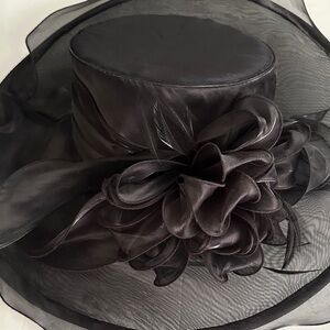 Black Organza Wide Brim Church Dress Hat Floral Detail Like New